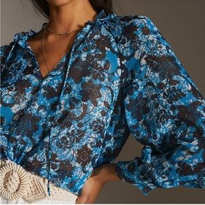 Anthropologie Boho Floral Semi Sheer Peasant Blouse Blue & Black Size XS